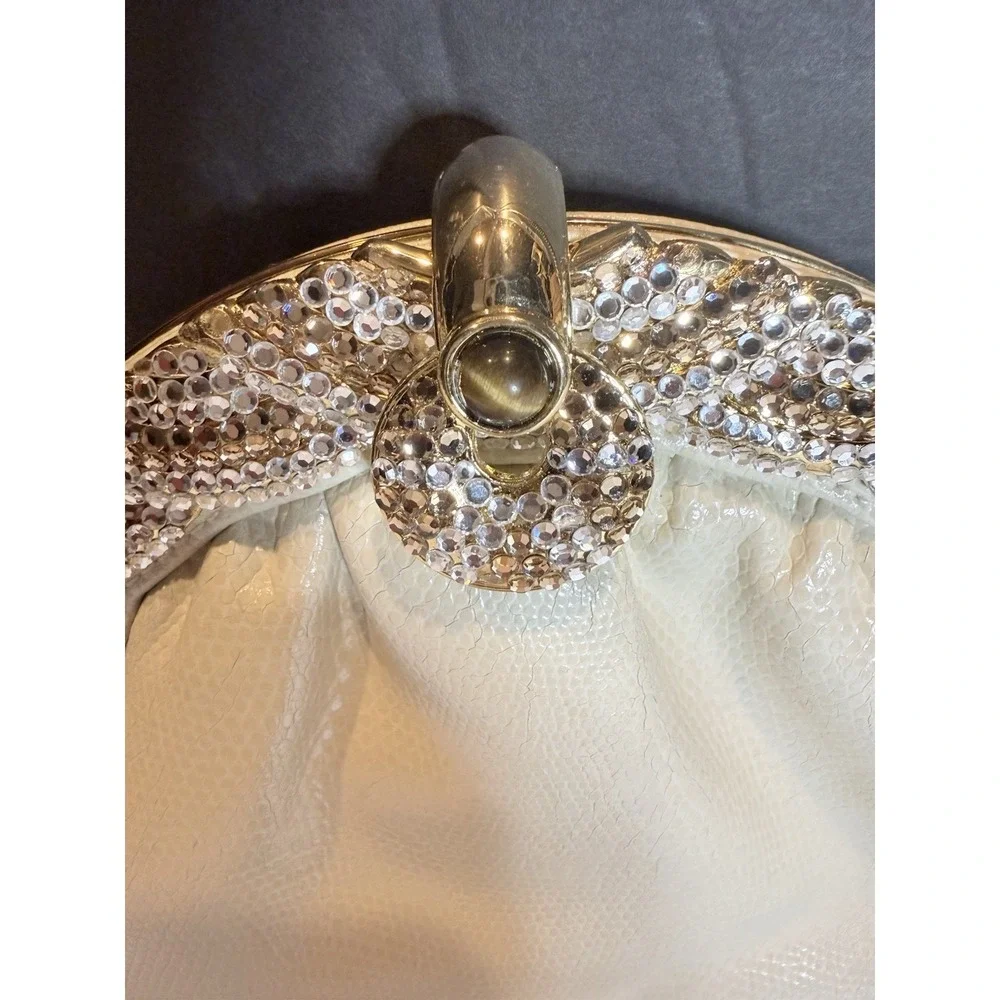 Elan Ivory Evening Clutch Rhinestone Crystal Purse Gold Chain Wedding Bag